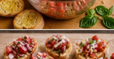 Italienische Bruschetta mit frischen Tomaten und Basilikum auf geröstetem Brot