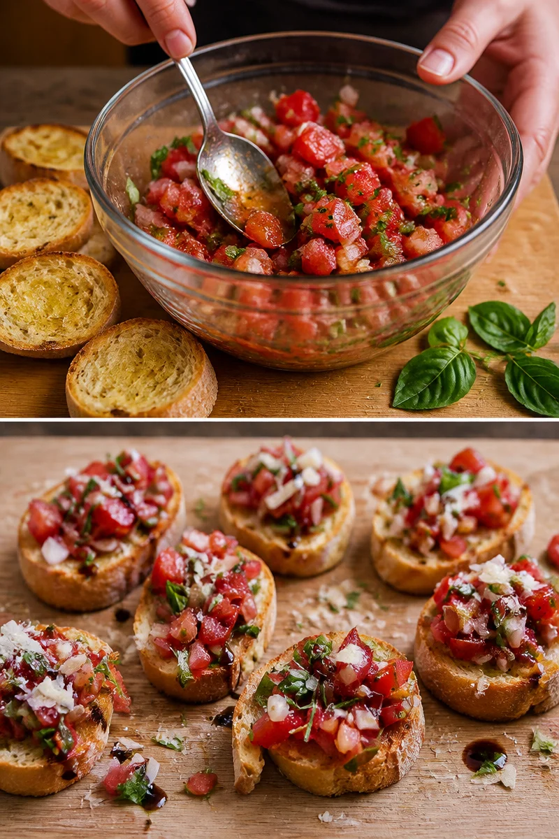 Italienische Bruschetta mit frischen Tomaten und Basilikum auf geröstetem Brot