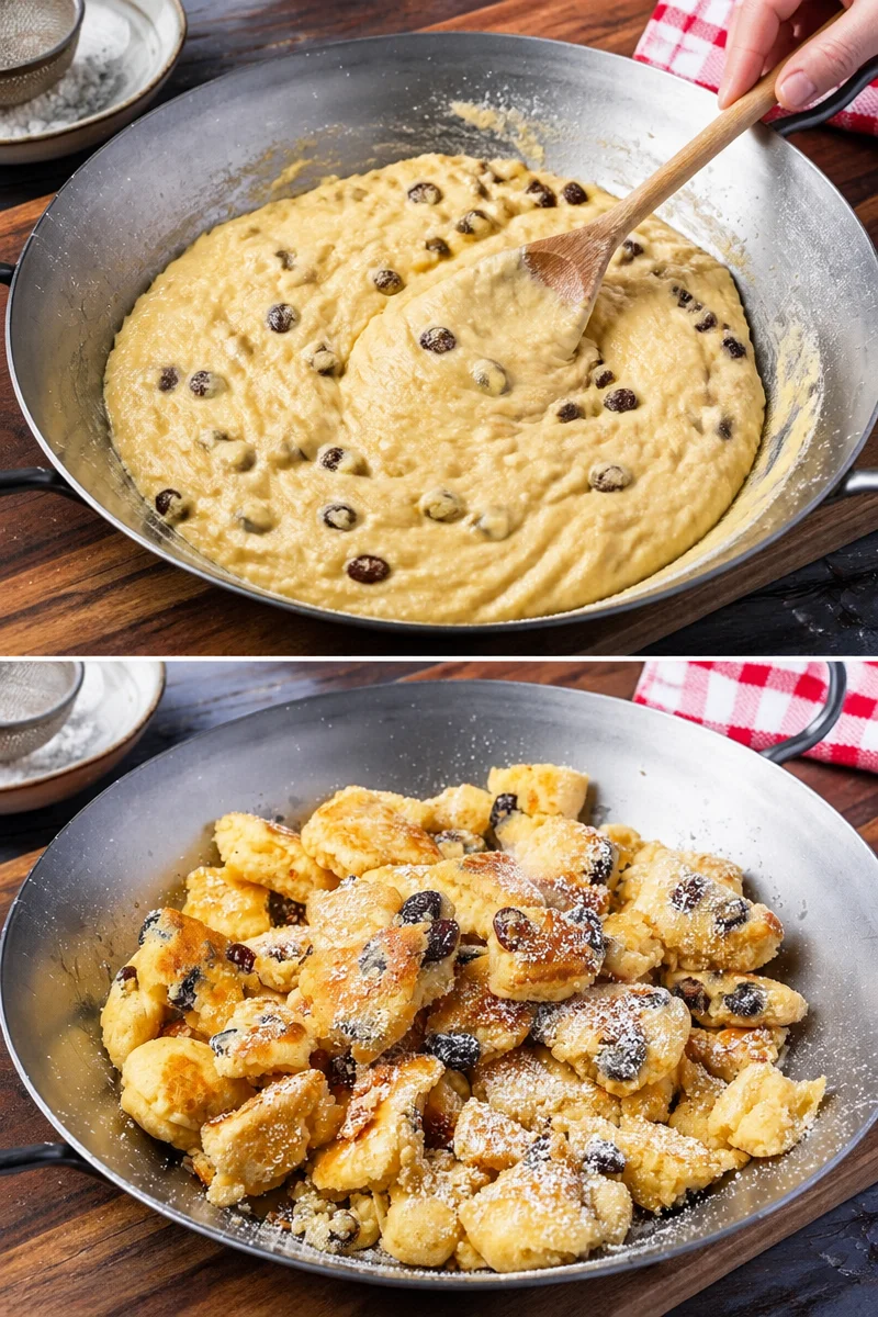 Kaiserschmarrn – klassisch und einfach zubereitet, serviert mit Puderzucker und Rosinen.
