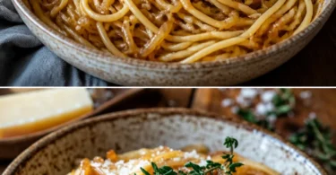 Karamellisierte Zwiebel-Pasta mit frischen Zutaten in einem Teller serviert