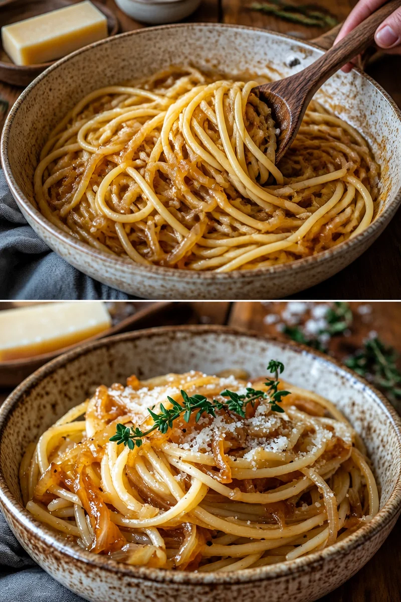 Karamellisierte Zwiebel-Pasta mit frischen Zutaten in einem Teller serviert