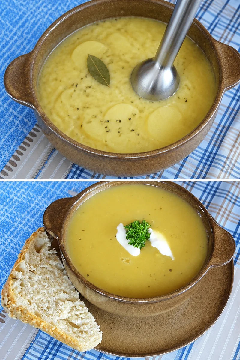 Eine Schüssel Kartoffelcremesuppe, serviert mit frischen Kräutern.