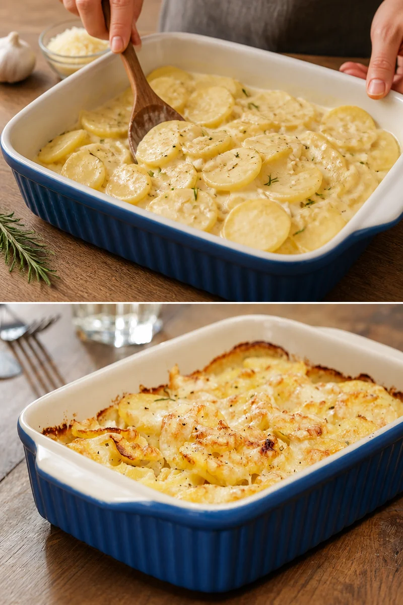 Cremiges Kartoffelgratin aus dünn geschnittenen Kartoffeln, Käse und Sahne