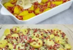 Kartoffelgratin mit Speck und Parmesan, frisch aus dem Ofen, appetitlich angerichtet