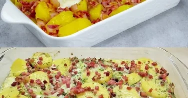 Kartoffelgratin mit Speck und Parmesan, frisch aus dem Ofen, appetitlich angerichtet