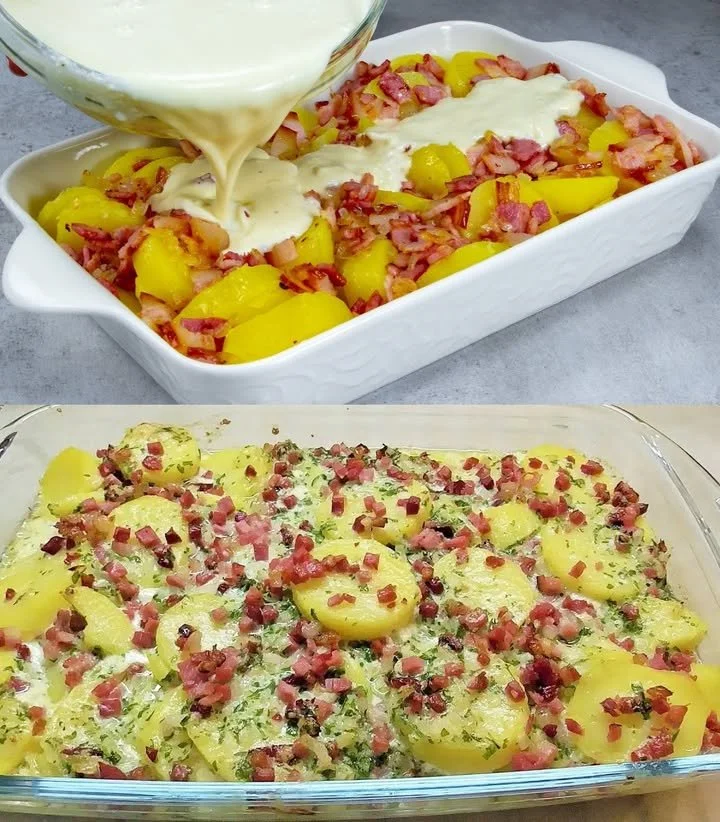 Kartoffelgratin mit Speck und Parmesan, frisch aus dem Ofen, appetitlich angerichtet