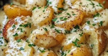 Kartoffeln in cremiger Knoblauchsoße serviert auf einem Teller