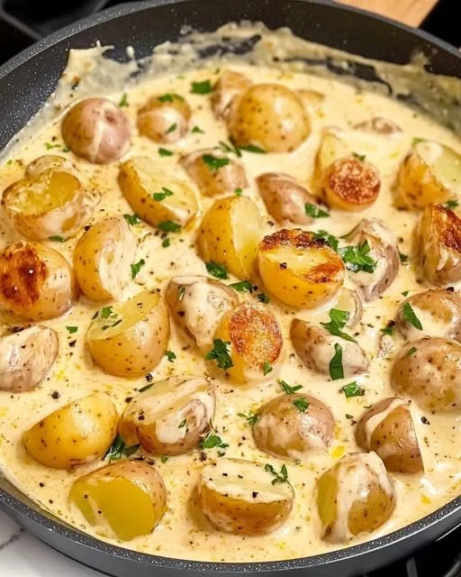 Kartoffeln in cremiger Knoblauch Sahnesauce auf einem Teller serviert
