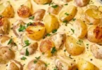 Kartoffeln in Knoblauch Sahnesauce, cremiges Gericht mit frischen Zutaten