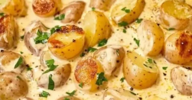 Kartoffeln in Knoblauch Sahnesauce, cremiges Gericht mit frischen Zutaten
