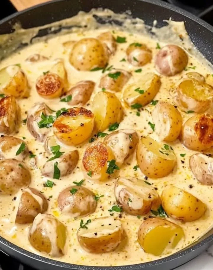 Kartoffeln in Knoblauch Sahnesauce, cremiges Gericht mit frischen Zutaten