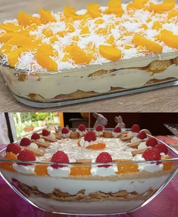 Luftiges Käse Sahne Dessert mit einem Hauch von Frucht und Keksboden