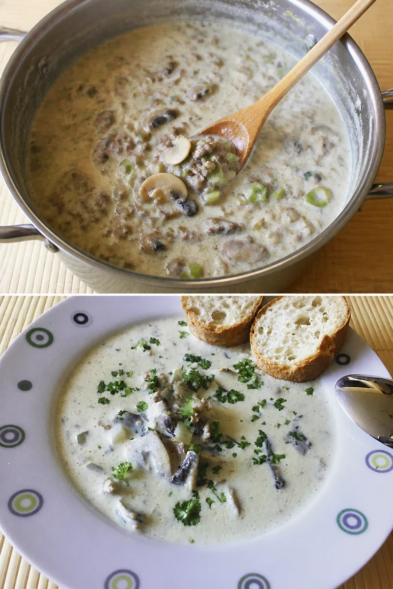 Schüssel mit köstlicher Käsesuppe garniert mit Kräutern und Brot