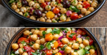 Kichererbsensalat mit getrockneten Tomaten und Feta auf einem Teller