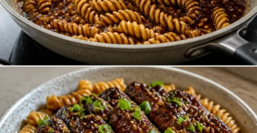 Klebriges Honig-Knoblauch-Steak mit Rotini auf einem Teller