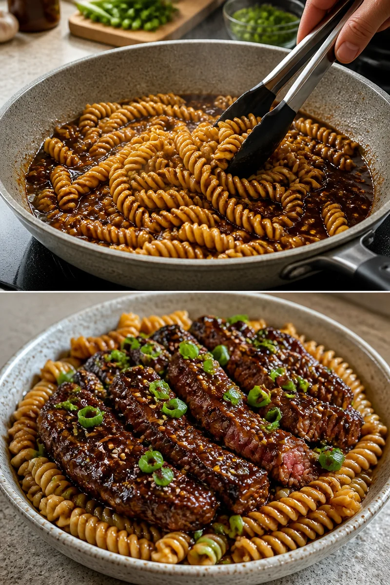 Klebriges Honig-Knoblauch-Steak mit Rotini auf einem Teller