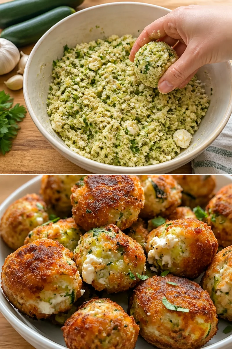 Knusprige Zucchini-Feta-Bällchen frisch aus dem Ofen auf einem Teller