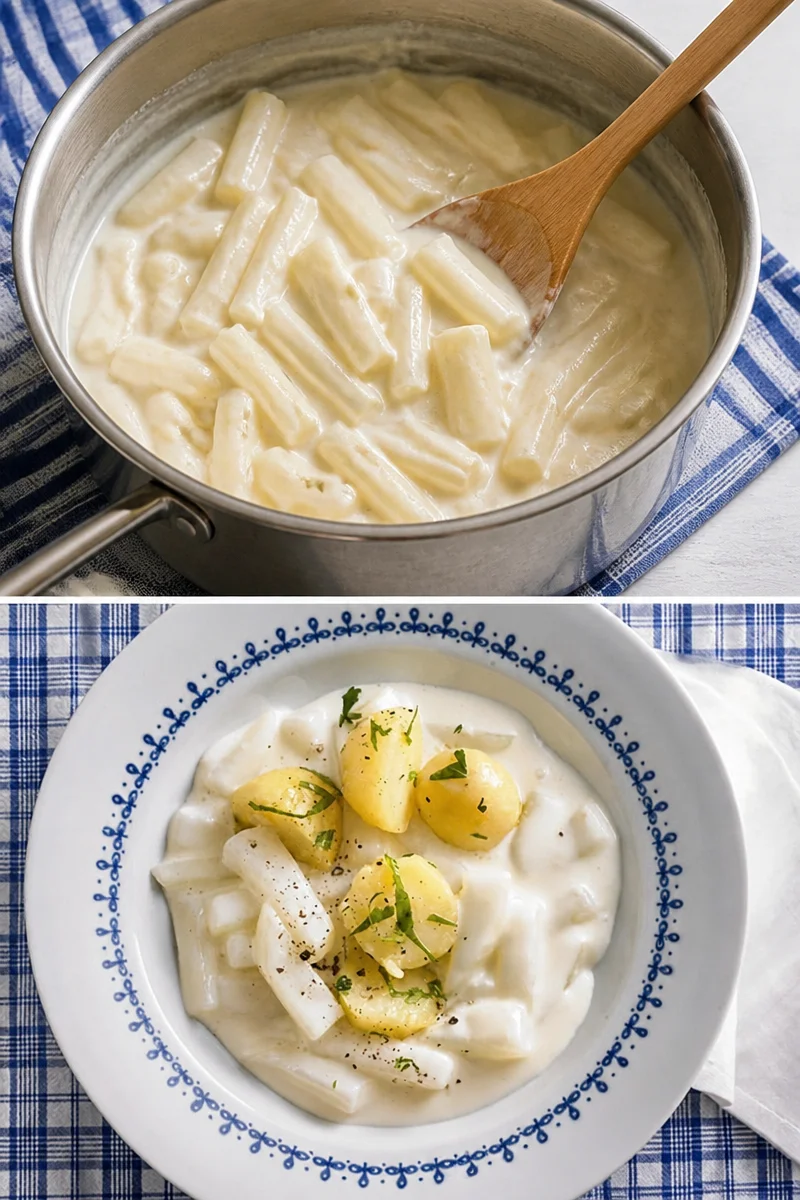 Kohlrabigemüse in heller Sauce auf einem Teller serviert.
