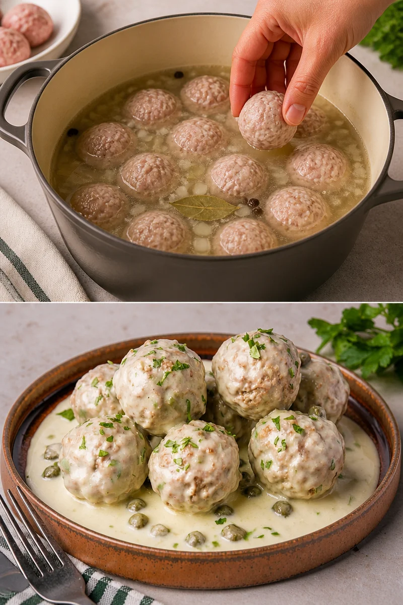 Königsberger Klopse nach Uromas traditionellem Rezept serviert mit Sauce und Beilagen