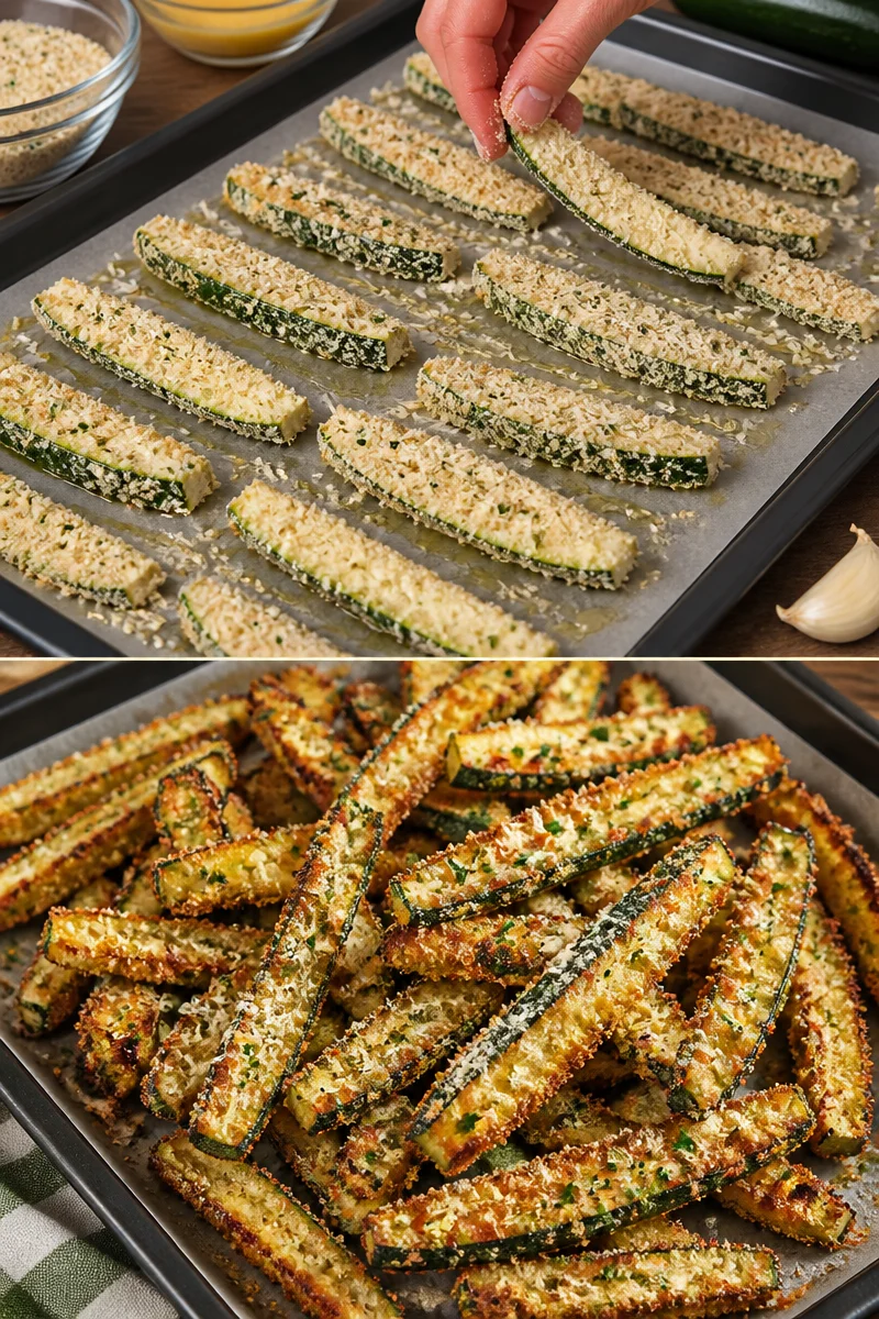 Krosse Parmesan-Knoblauch-Zucchini-Streifen auf einem Teller angerichtet