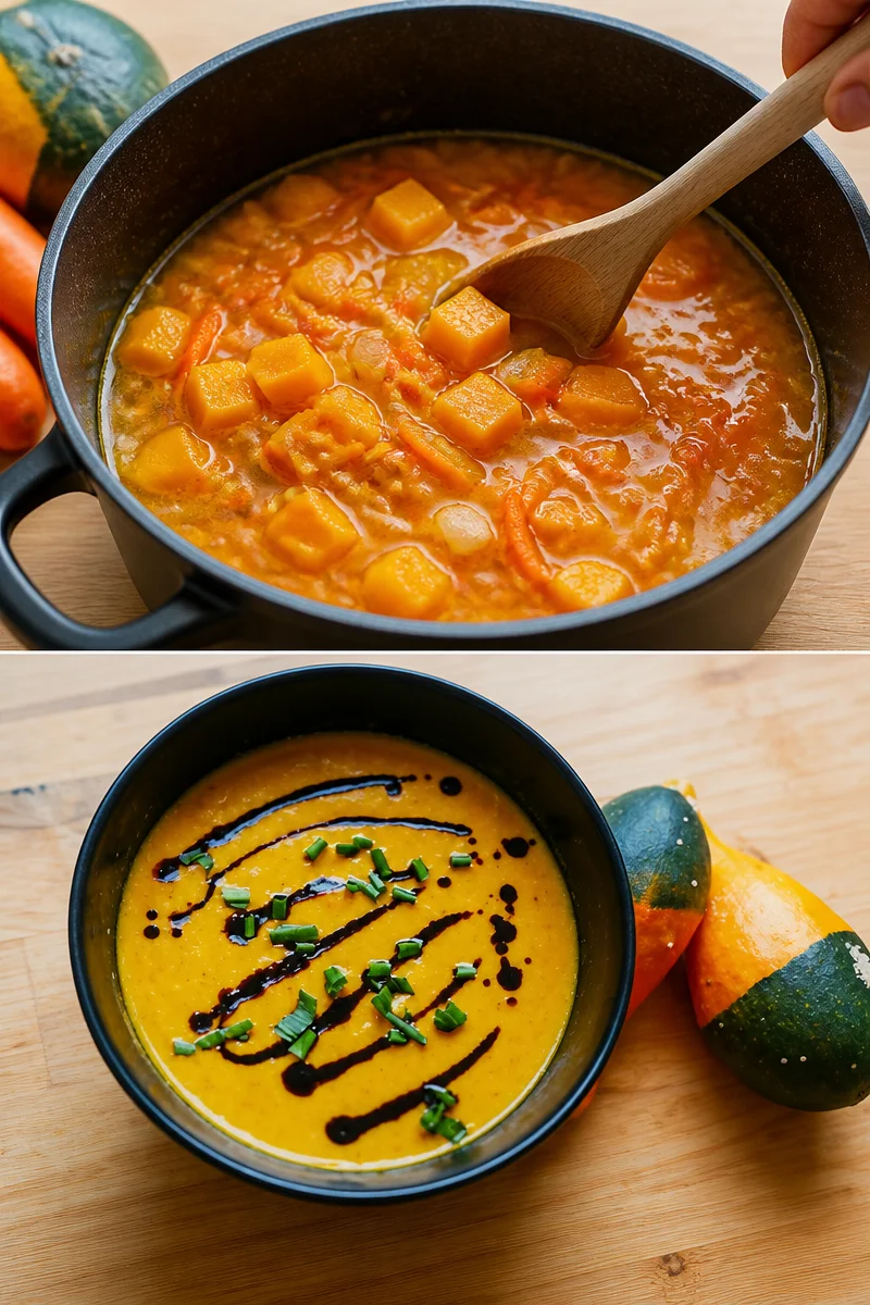 Ein Teller Kürbis-Möhren-Suppe mit frischen Kräutern garniert.