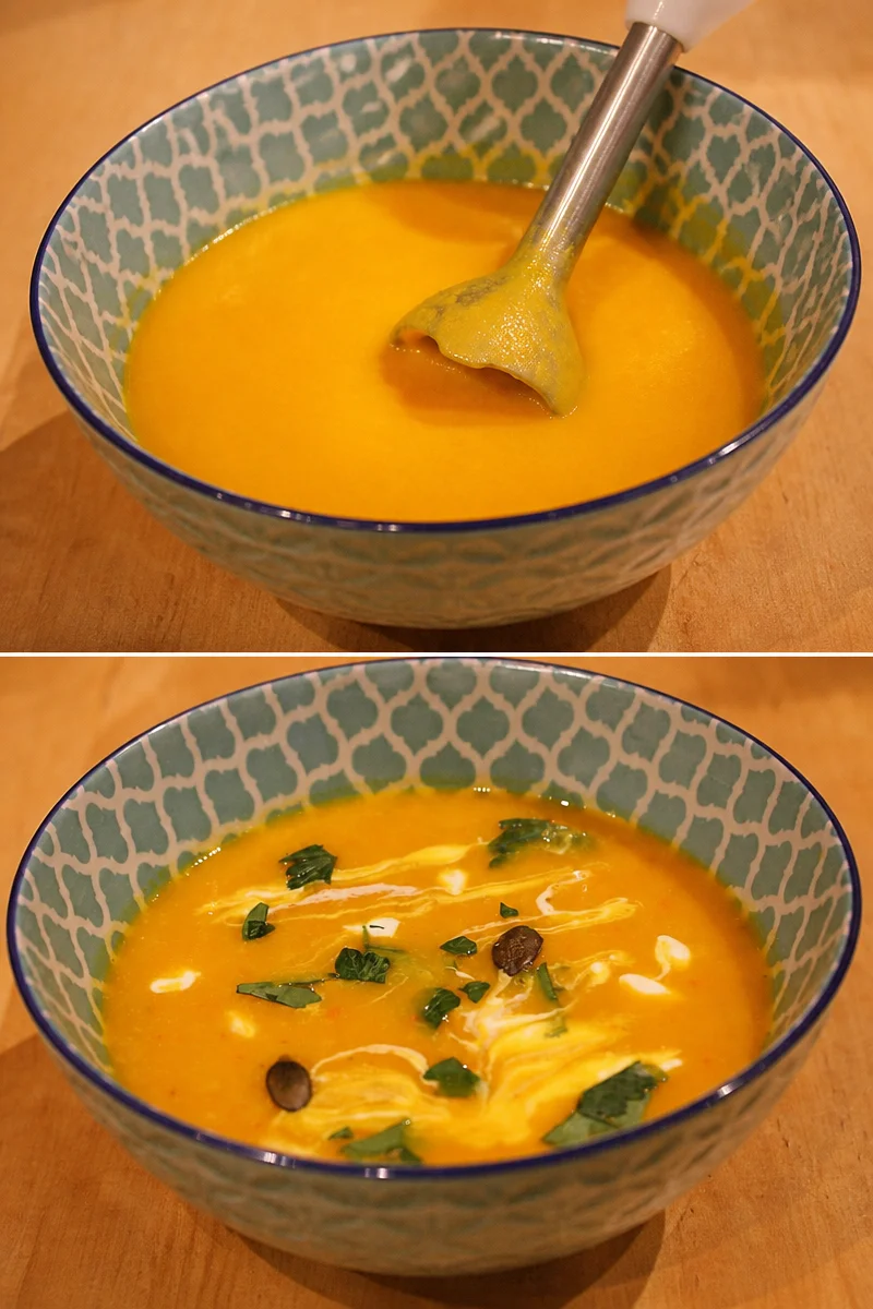 Leckere Kürbissuppe für Kinder in einer bunten Schüssel serviert