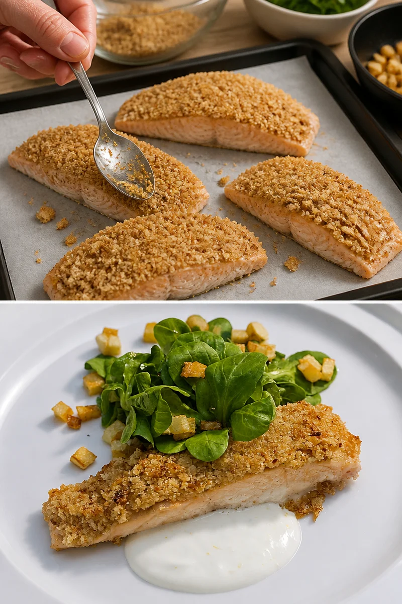 Lachs unter der Meerrettichkruste mit Feldsalat und Kartoffelcroutons