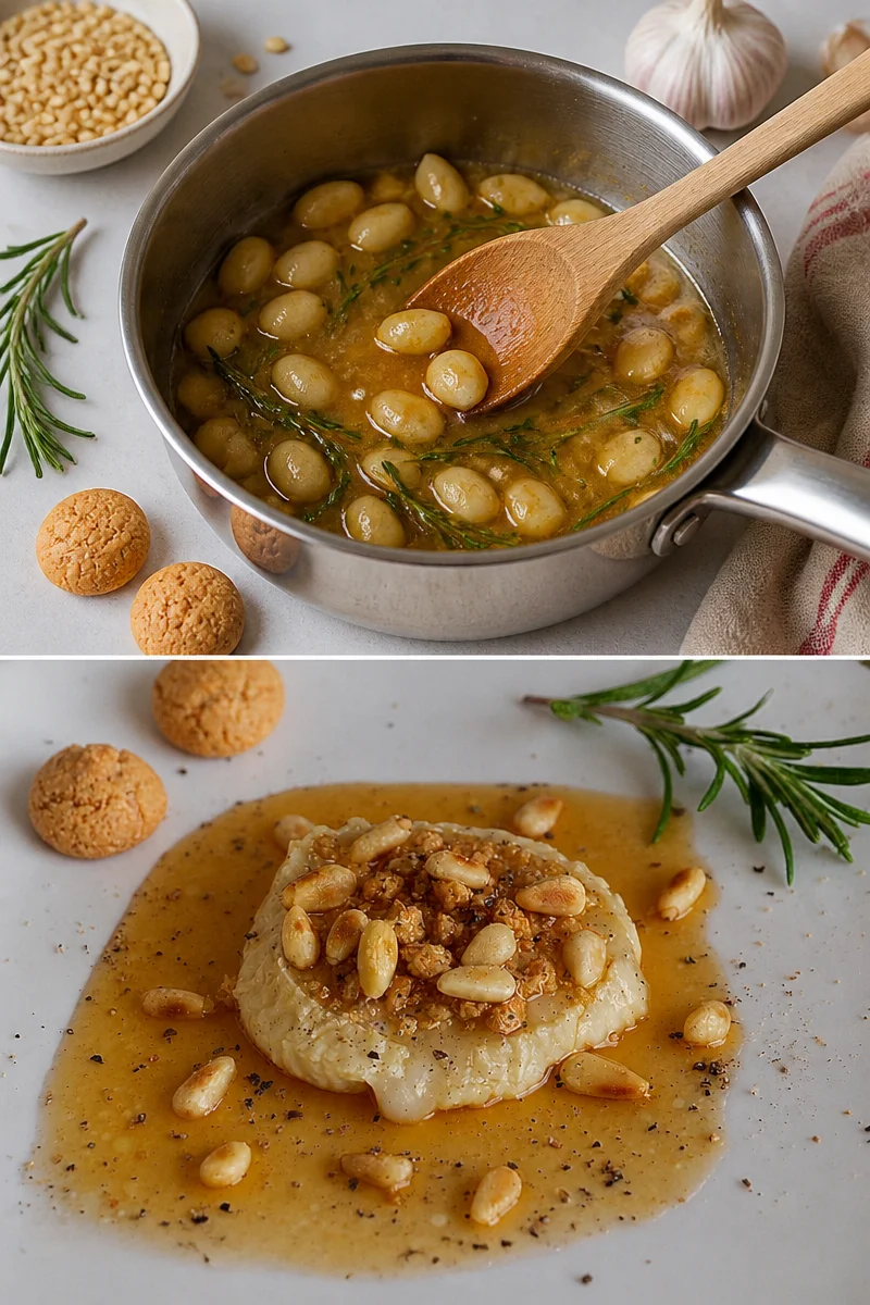 Lauwarm gratinierter Ziegenkäse mit Knoblauch und Rosmarin-Honig-Sirup auf einem Teller
