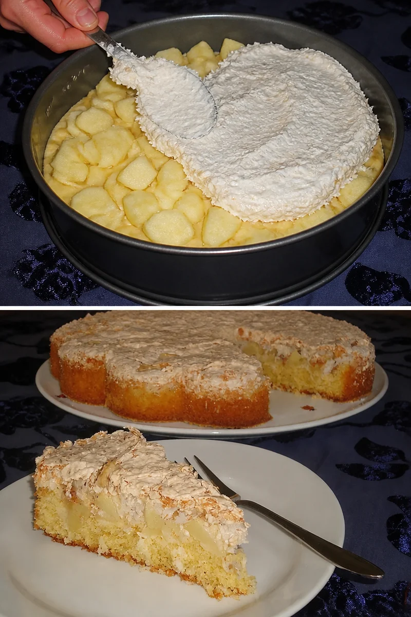 Makronen Apfelkuchen mit frischen Äpfeln und goldener Kruste