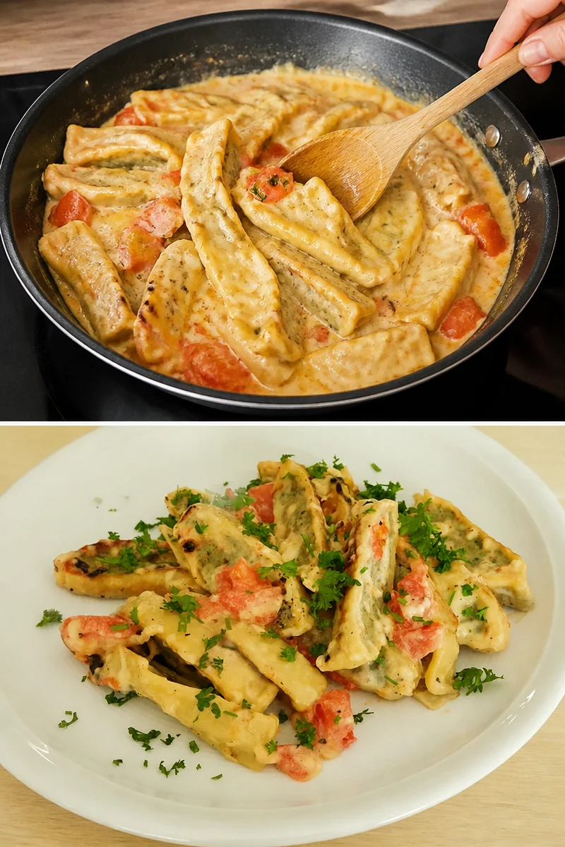 Leckere Maultaschen in Sahnesauce serviert auf einem Teller
