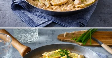 Maultaschen-Pilz-Pfanne mit frischen Zutaten in einer Pfanne zubereitet