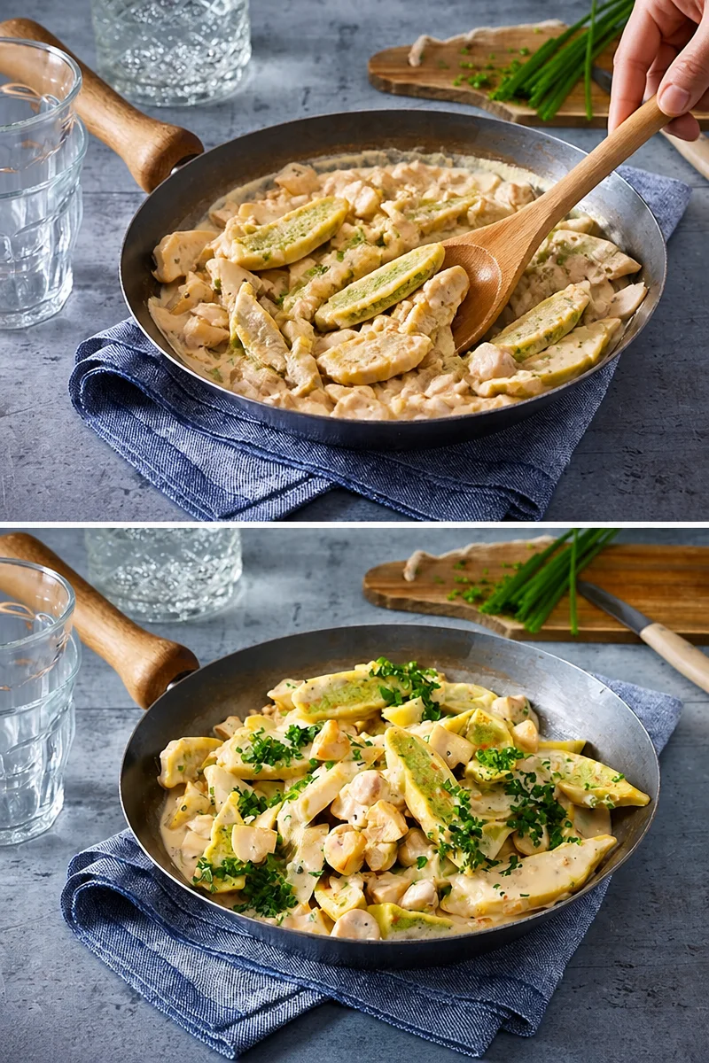 Maultaschen-Pilz-Pfanne mit frischen Zutaten in einer Pfanne zubereitet