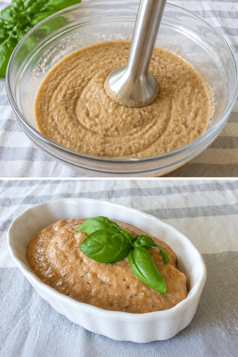 Mediterraner Auberginendip in einer Schüssel mit frischem Brot