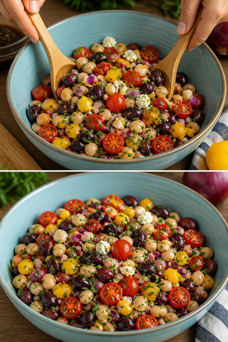 Schüssel mit mediterranem Bohnensalat aus frischen Zutaten und Kräutern