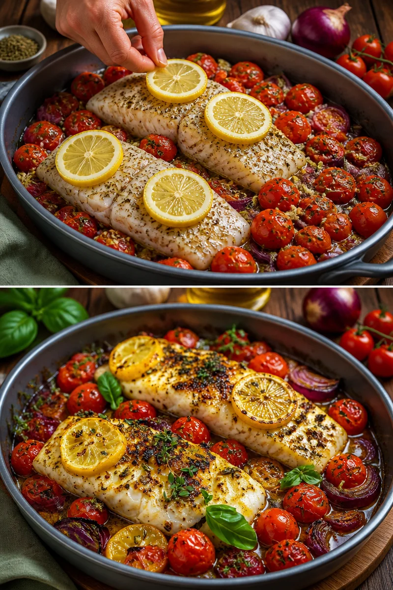 Mediterraner Ofenfisch mit frischen Kräutern und Gemüse im Backofen zubereitet.