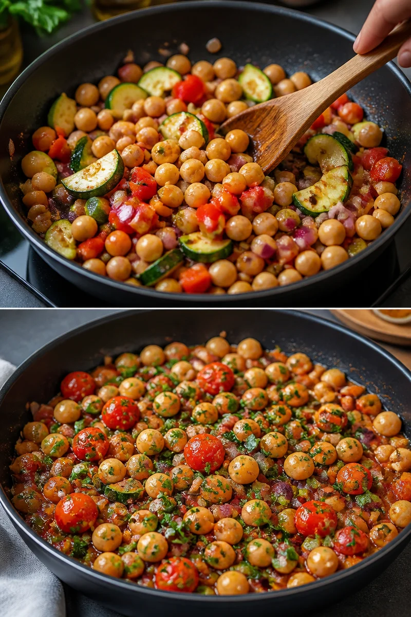 Mediterranes Ein-Pfannen-Gericht mit Kichererbsen und frischem Gemüse