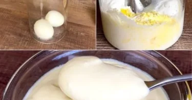 Schüssel mit selbstgemachter Minute Mayonnaise auf einem Holzuntergrund.