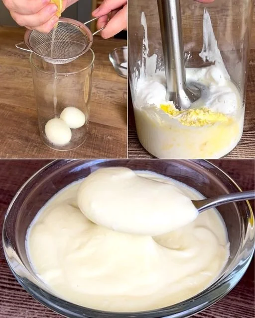Schüssel mit selbstgemachter Minute Mayonnaise auf einem Holzuntergrund.