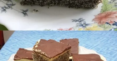 Mohnkuchen mit Vanillecreme und Schokolade auf einem Blech