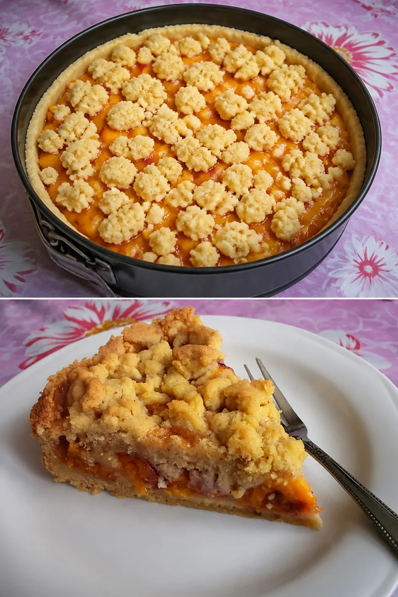 Nektarinen-Streuselkuchen mit Streuseln auf einem weißen Teller
