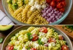 Nudelsalat mit Avocado und frischen Zutaten auf einem Teller