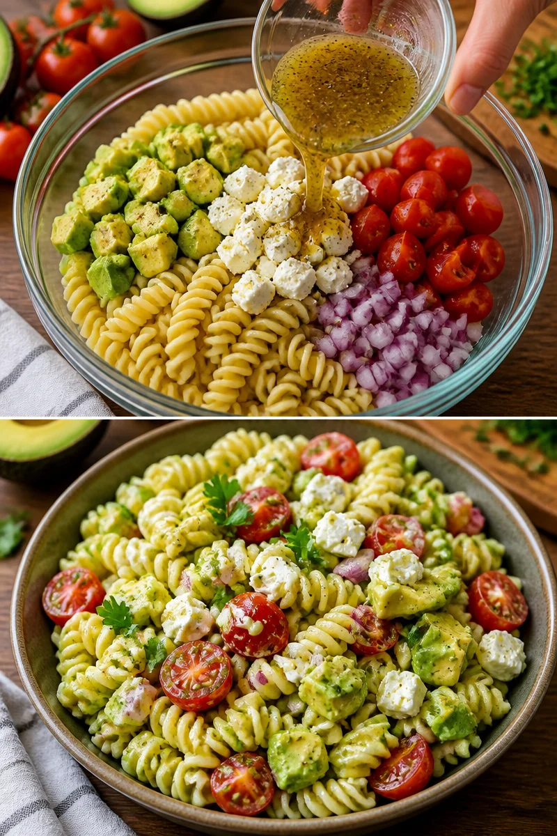 Nudelsalat mit Avocado und frischen Zutaten auf einem Teller