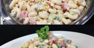 Nudelsalat mit geheimer Soße auf einem bunten Teller ansprechend angerichtet