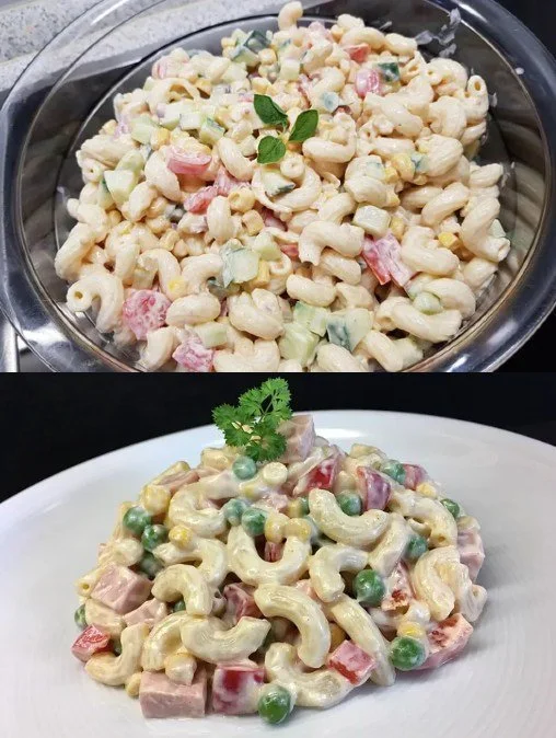 Nudelsalat mit geheimer Soße auf einem bunten Teller ansprechend angerichtet