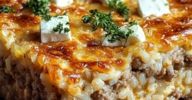 Ofengericht mit Hackfleisch, Reis und Feta in einer Auflaufform