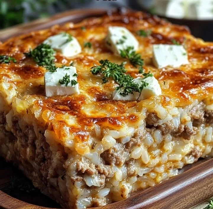 Ofengericht mit Hackfleisch, Reis und Feta in einer Auflaufform