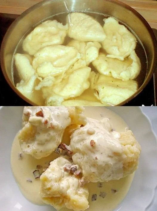 Omas traditionelle Mehlklöße serviert mit Soße