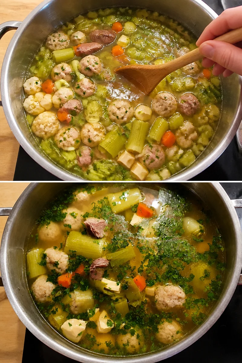 Omas Rindfleischsuppe in einer Schüssel mit frischem Gemüse