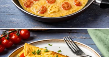 Omelett mit Käse und Tomaten auf einem Teller serviert