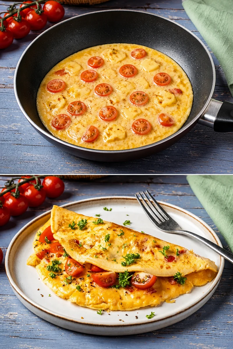 Omelett mit Käse und Tomaten auf einem Teller serviert